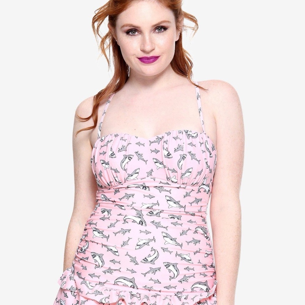 Shark Swimsuit One Piece Vintage Pinup Style Ruffle Skirt - Picture 7 of 8